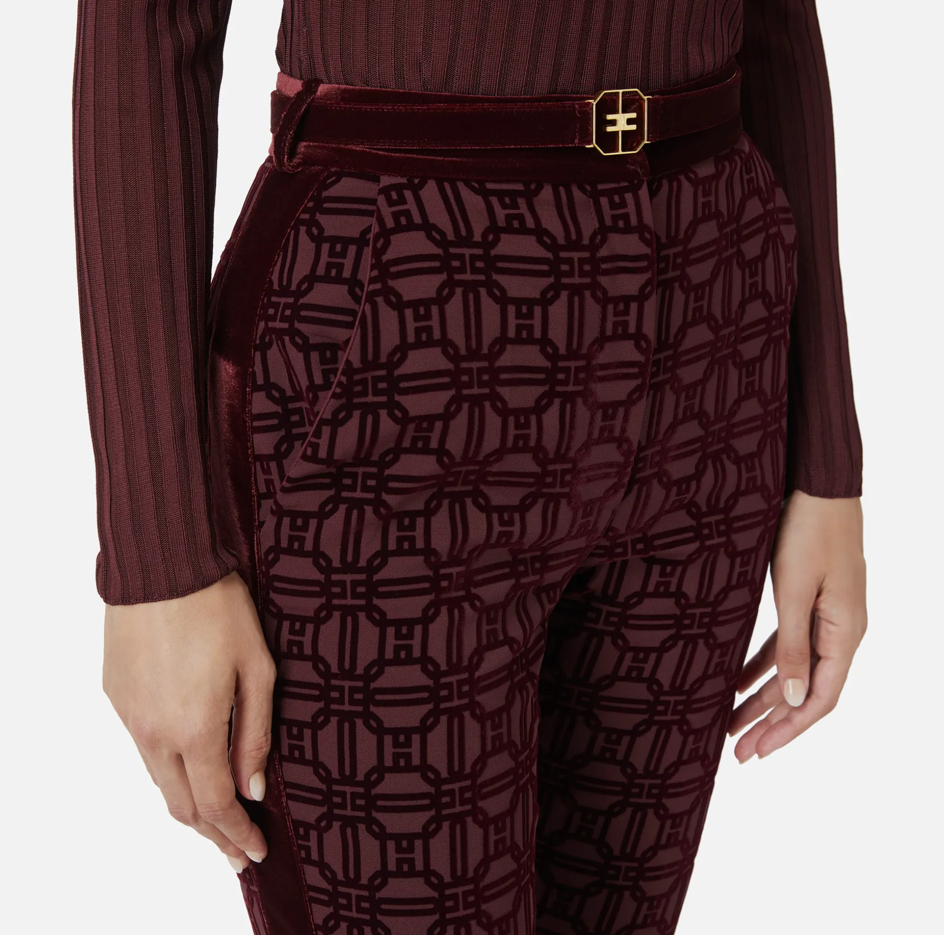 Elisabetta Franchi Trousers And Shorts | Tailleur | Straight trousers in flock crêpe fabric with belt