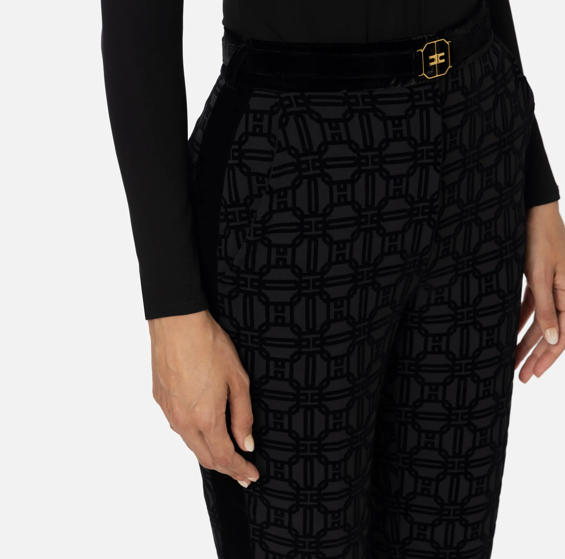 Elisabetta Franchi Trousers And Shorts | Tailleur | Straight trousers in flock crêpe fabric with belt