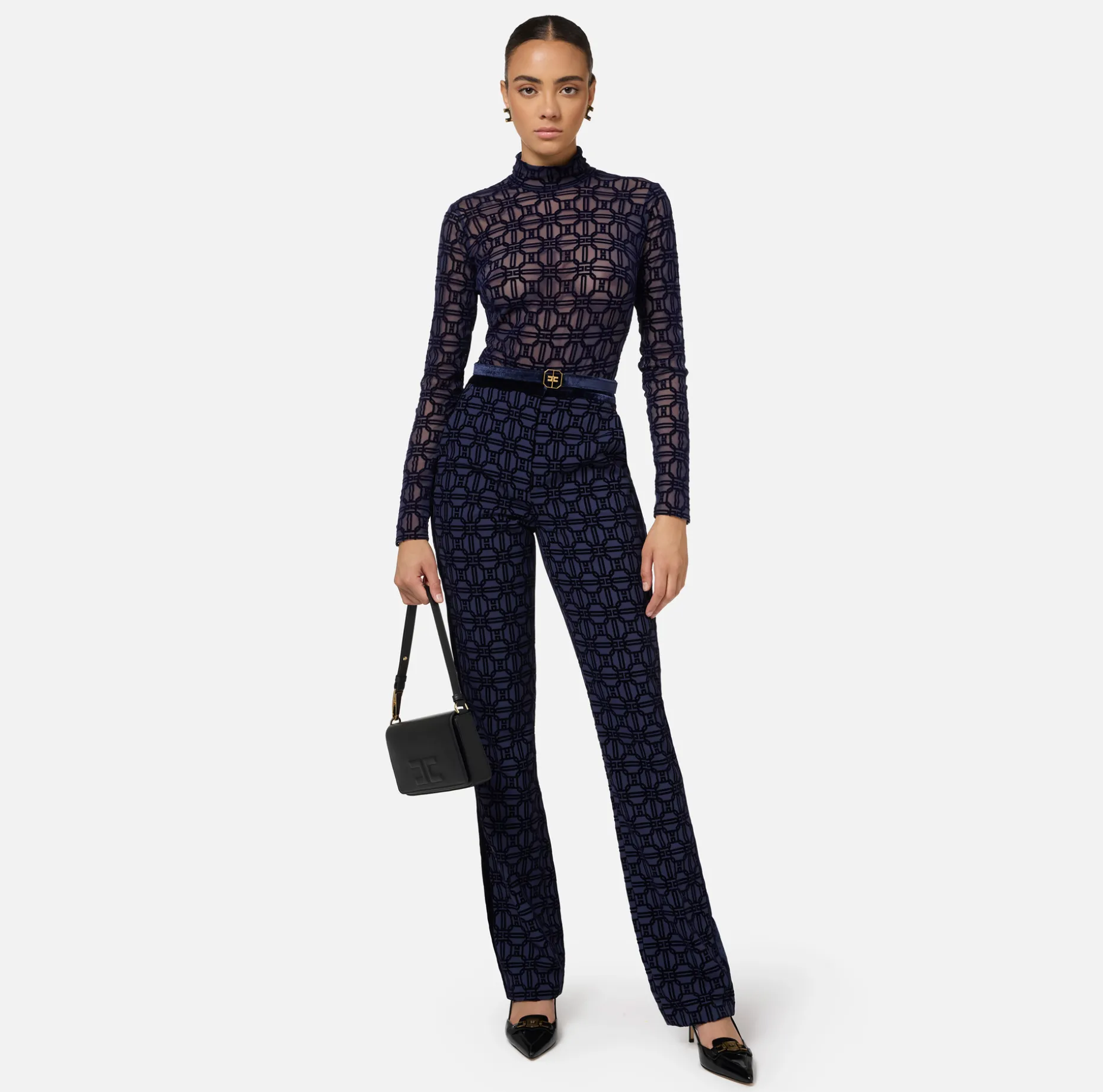 Elisabetta Franchi Trousers And Shorts | Tailleur | Straight trousers in flock crêpe fabric with belt