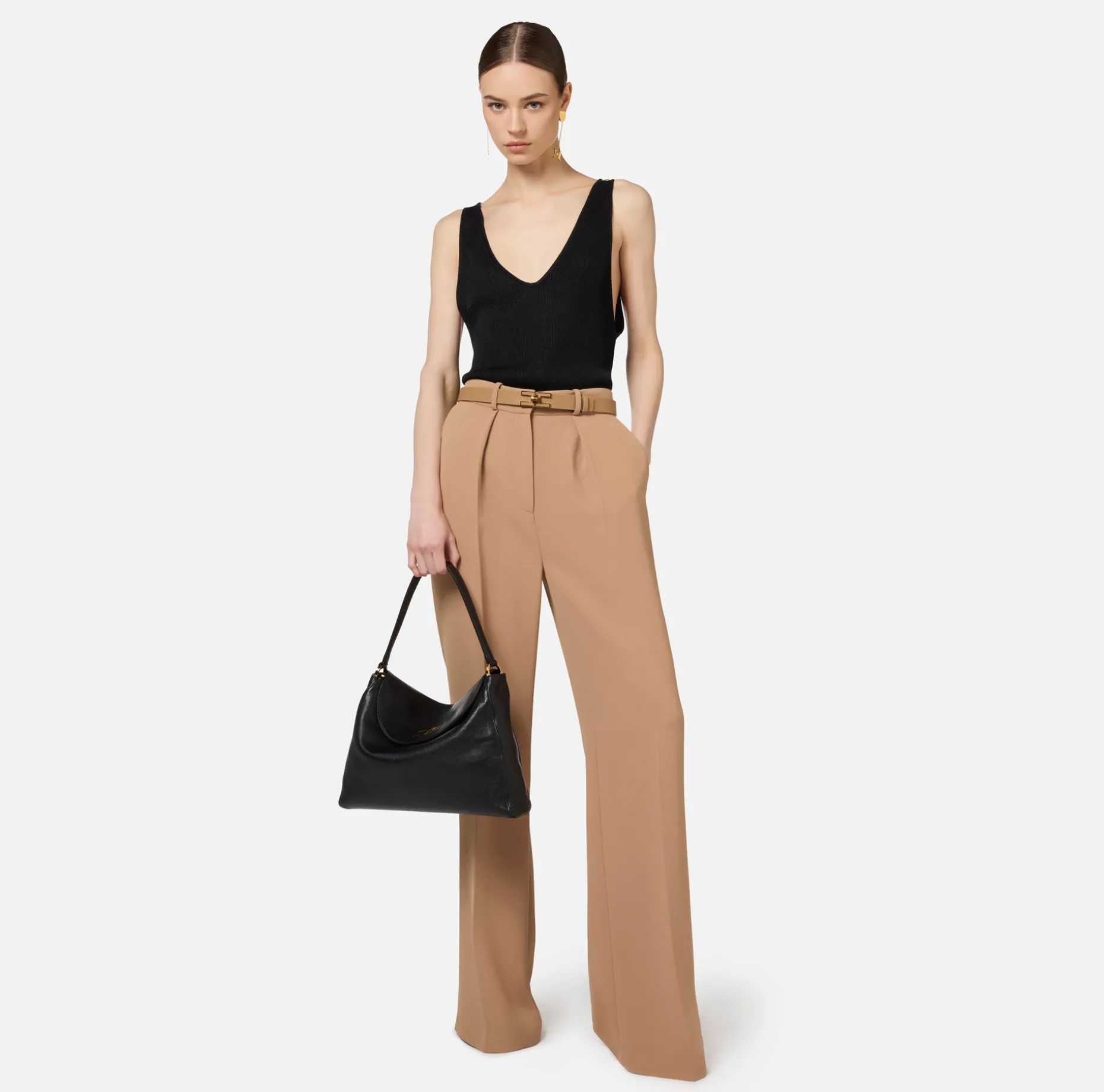 Elisabetta Franchi Trousers And Shorts | Straight trousers in woven crêpe fabric with emblem rivet