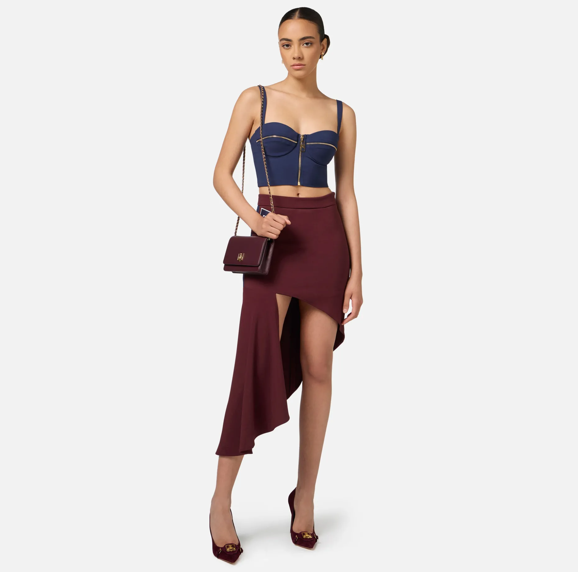 Elisabetta Franchi Skirts | Stretch crêpe asymmetric skirt with bands and logo embroidery