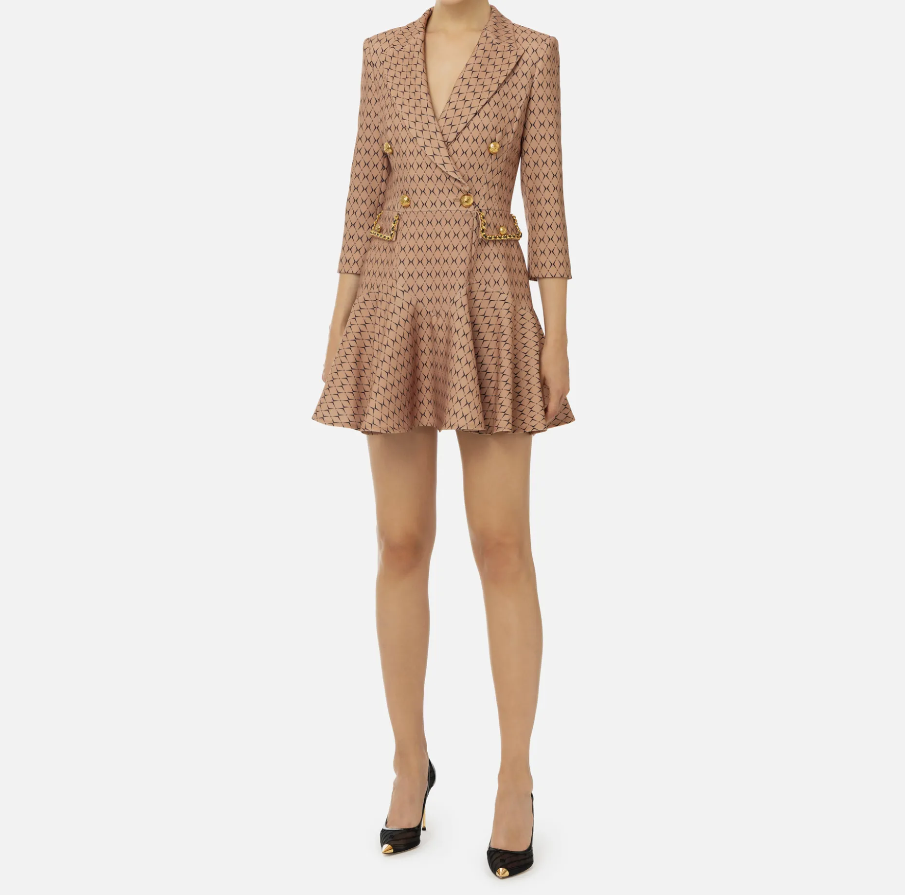 Elisabetta Franchi Mini Dresses | Coat Dresses | Stretch crêpe coat dress with diamond print and chain