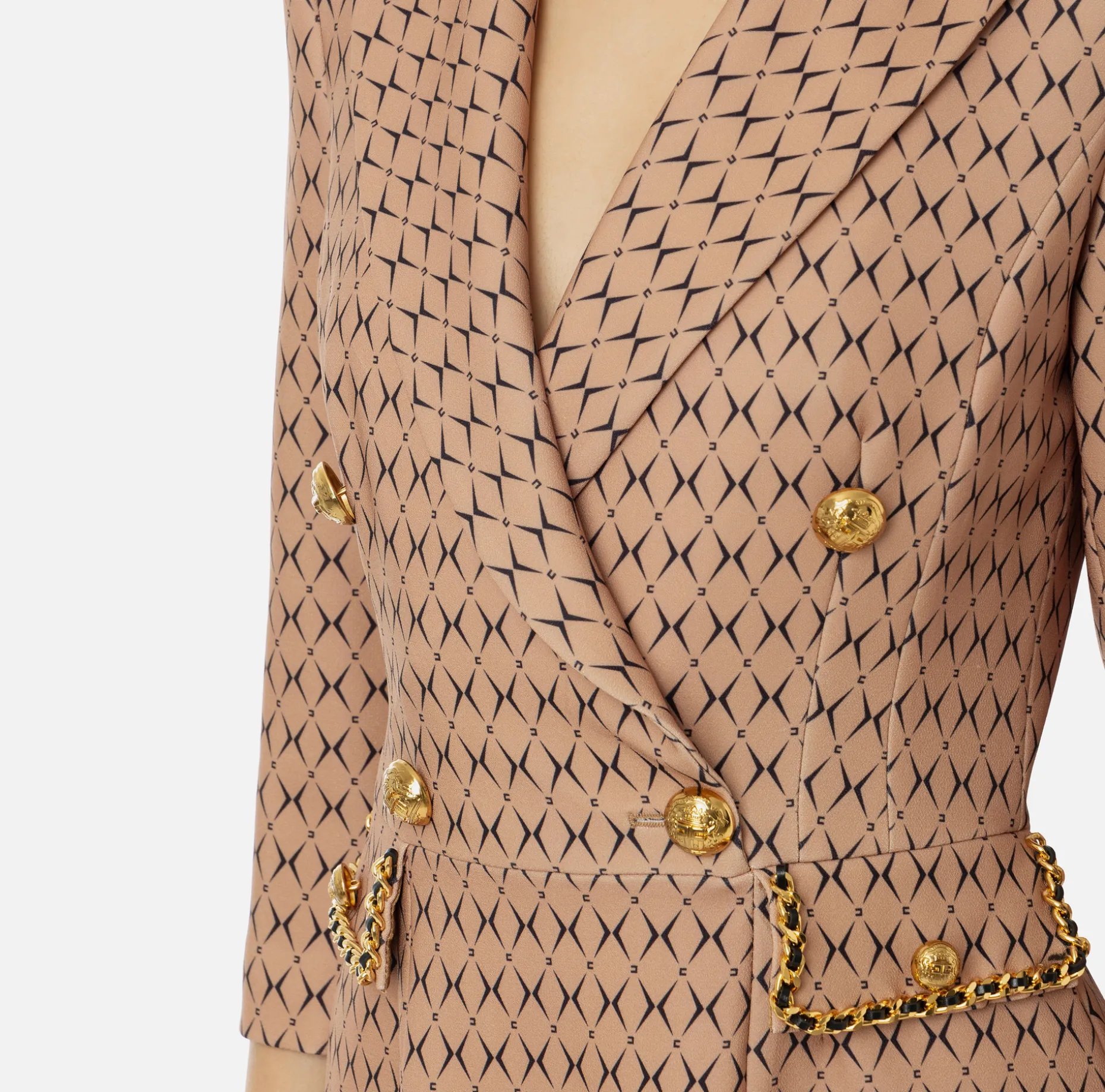 Elisabetta Franchi Mini Dresses | Coat Dresses | Stretch crêpe coat dress with diamond print and chain