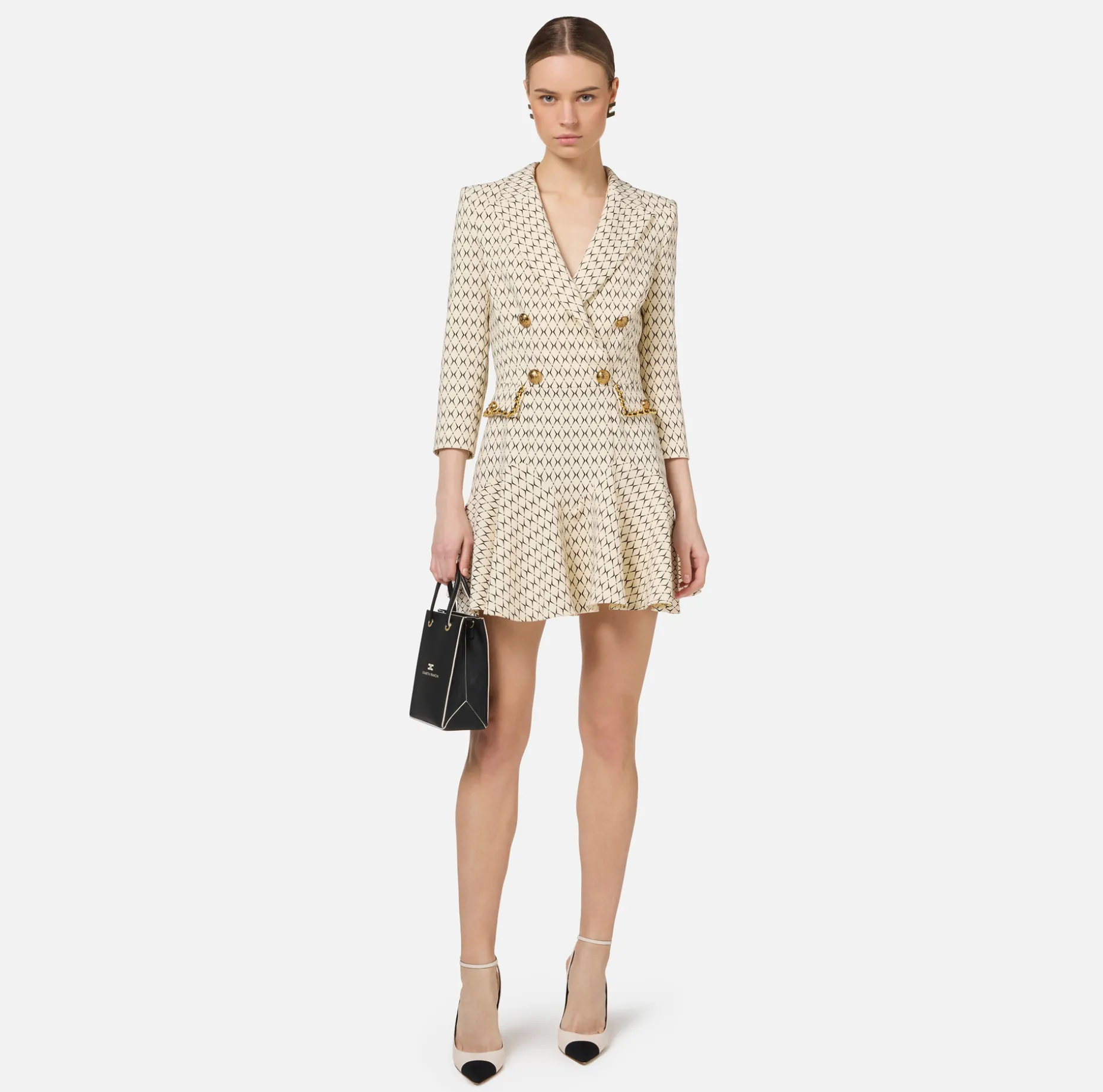 Elisabetta Franchi Mini Dresses | Coat Dresses | Stretch crêpe coat dress with diamond print and chain