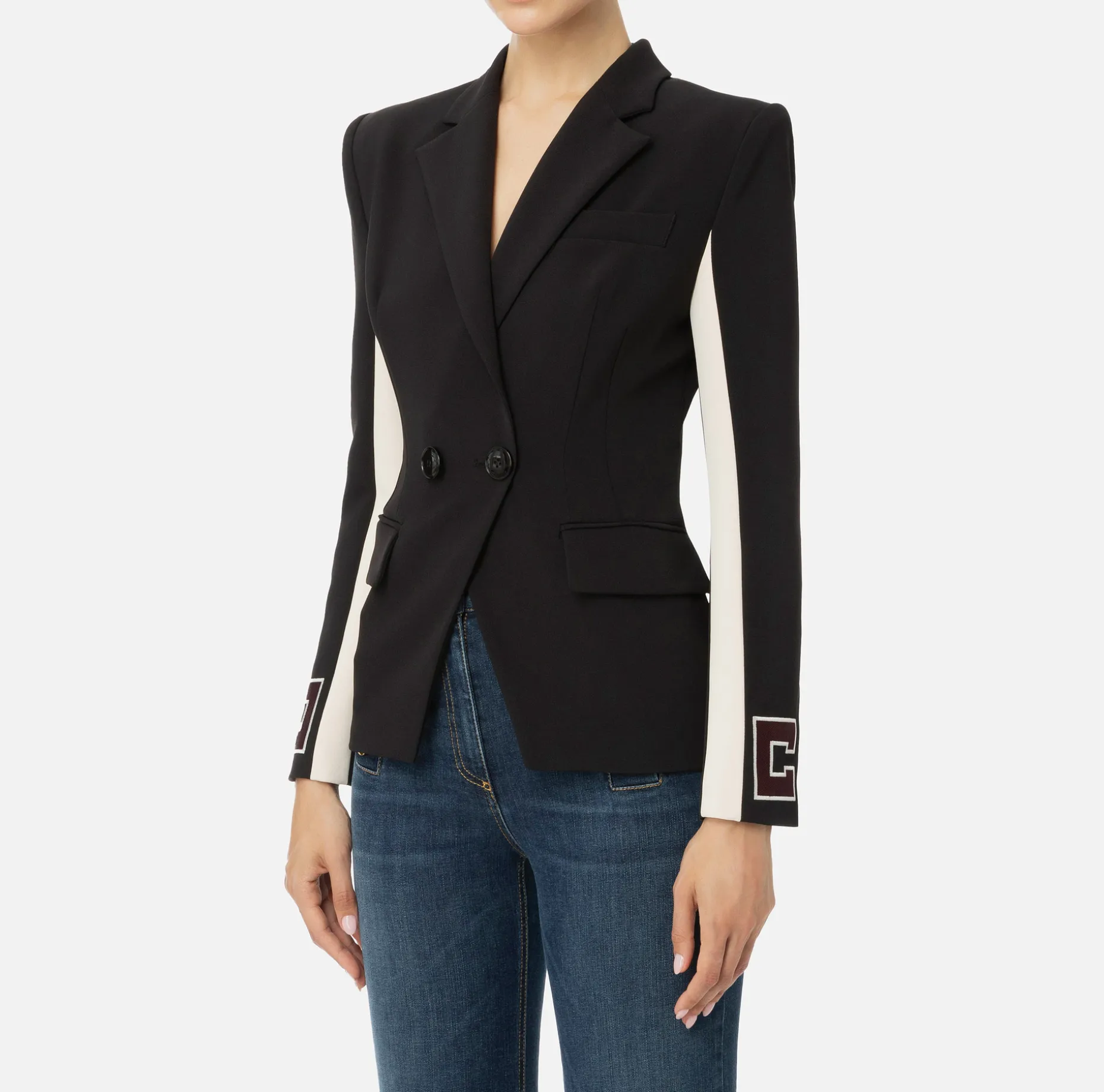 Elisabetta Franchi Jackets And Trench Coats | Stretch crêpe jacket with bands and logo embroidery