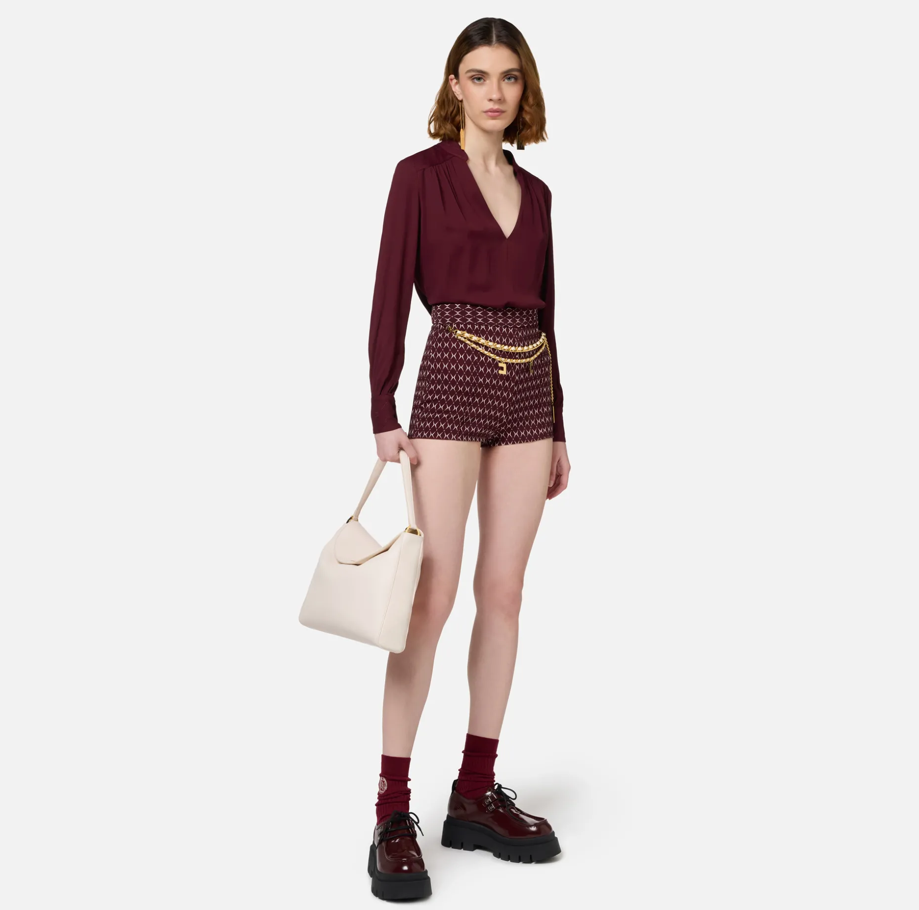 Elisabetta Franchi Trousers And Shorts | Stretch crêpe shorts with diamond print and chain