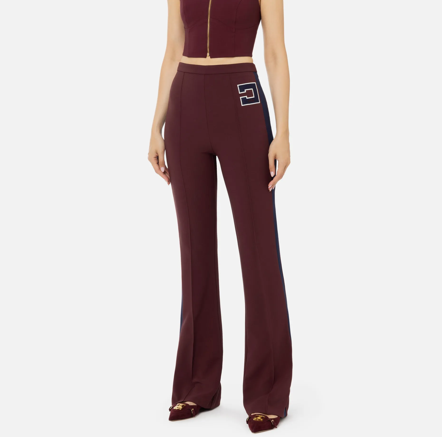 Elisabetta Franchi Trousers And Shorts | Stretch crêpe straight trousers with bands and logo embroidery