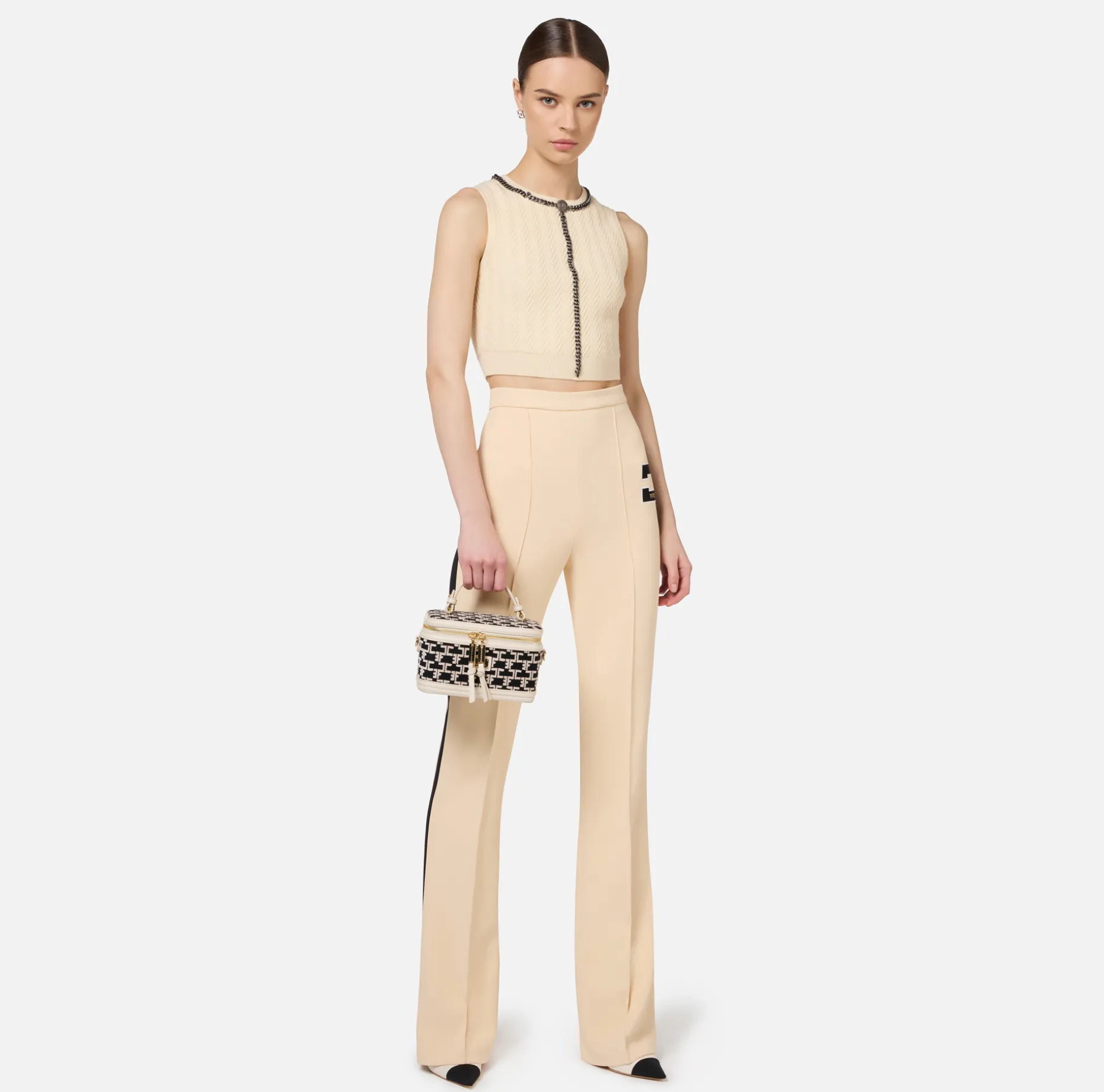 Elisabetta Franchi Trousers And Shorts | Stretch crêpe straight trousers with bands and logo embroidery