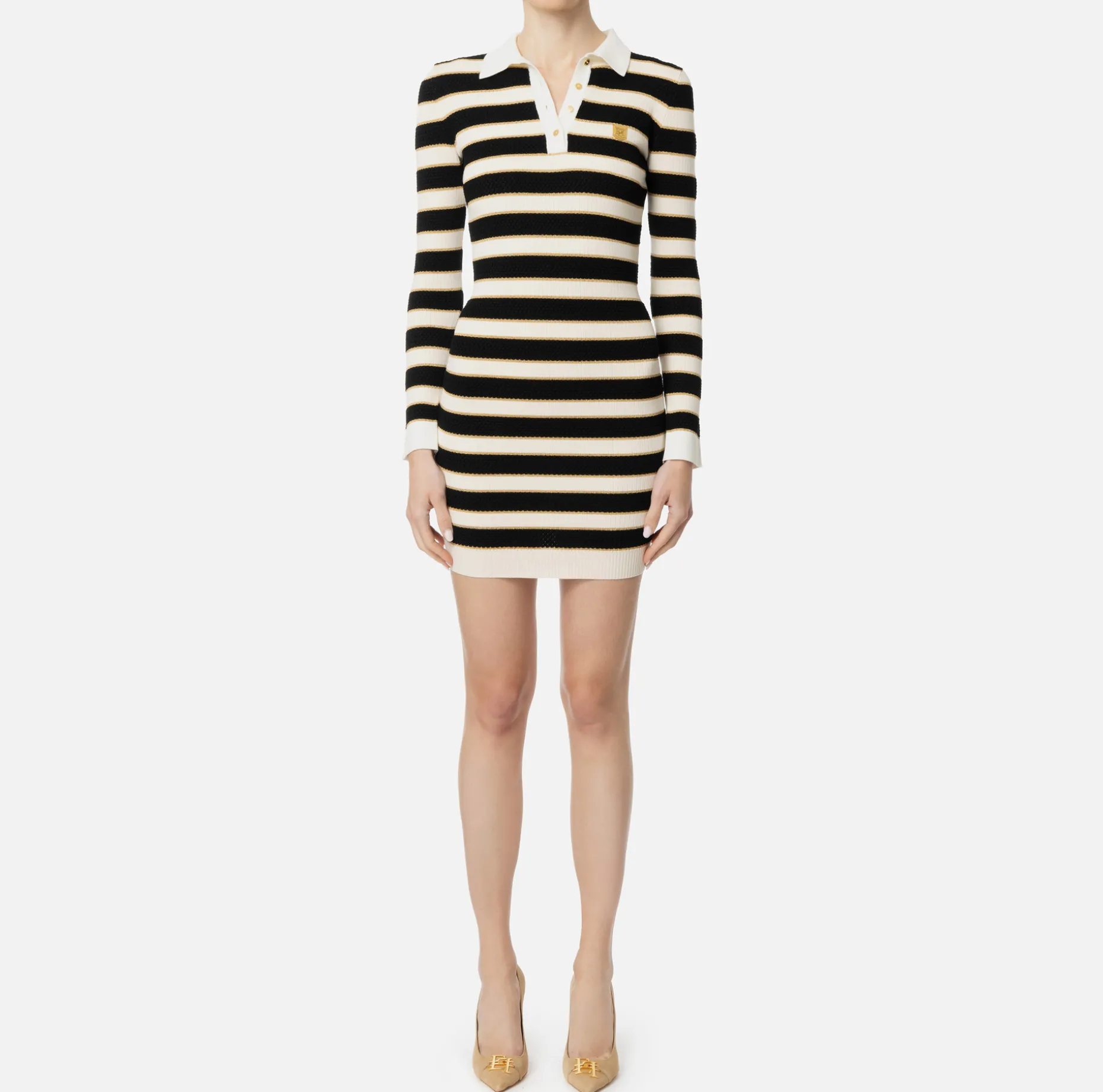 Elisabetta Franchi Mini Dresses | Knitted Dresses | Striped lurex viscose polo neck mini-dress