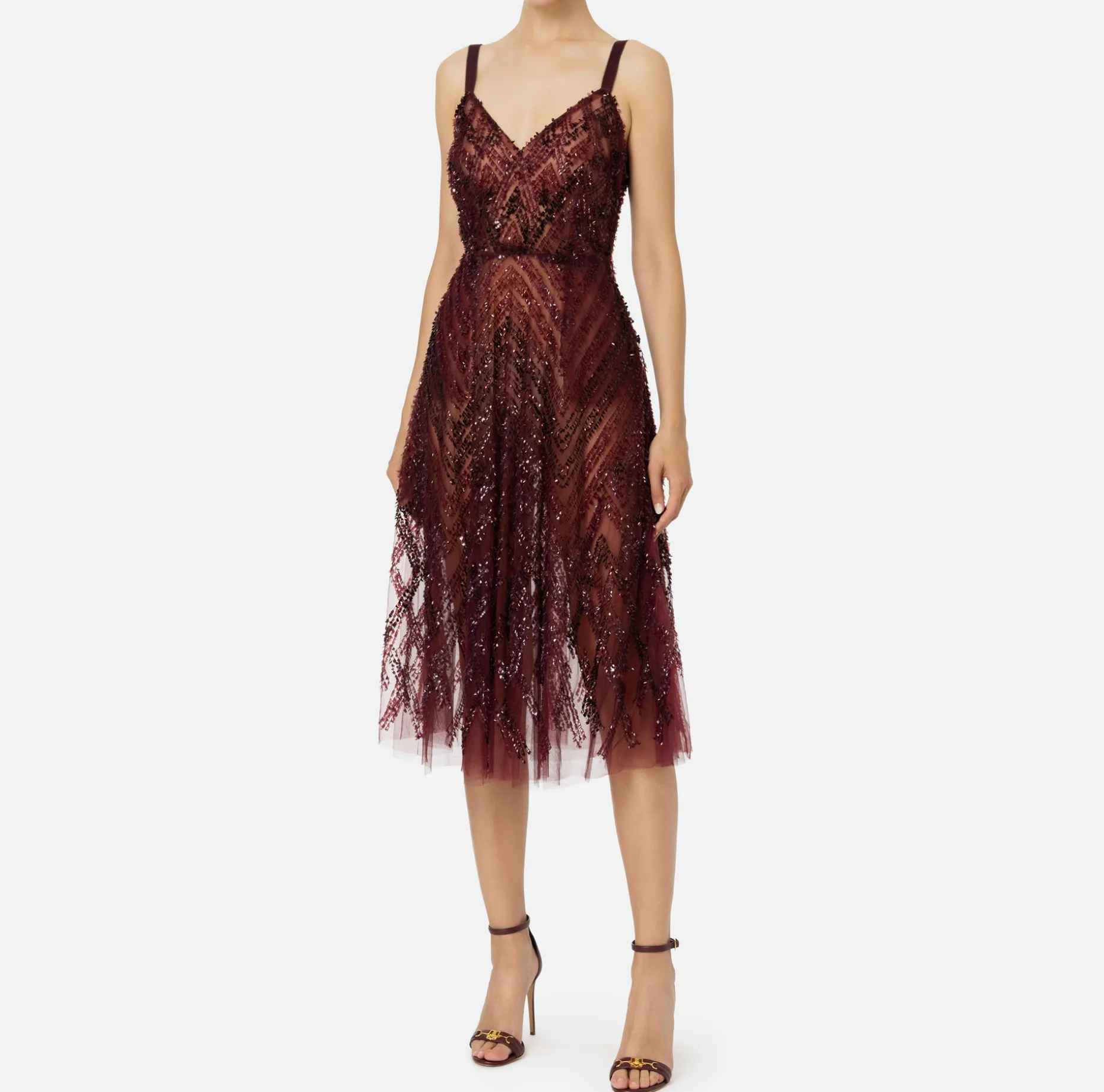 Elisabetta Franchi Red Carpet Dresses | Midi Dresses | Tulle midi dress with chevron pattern sequin embroidery