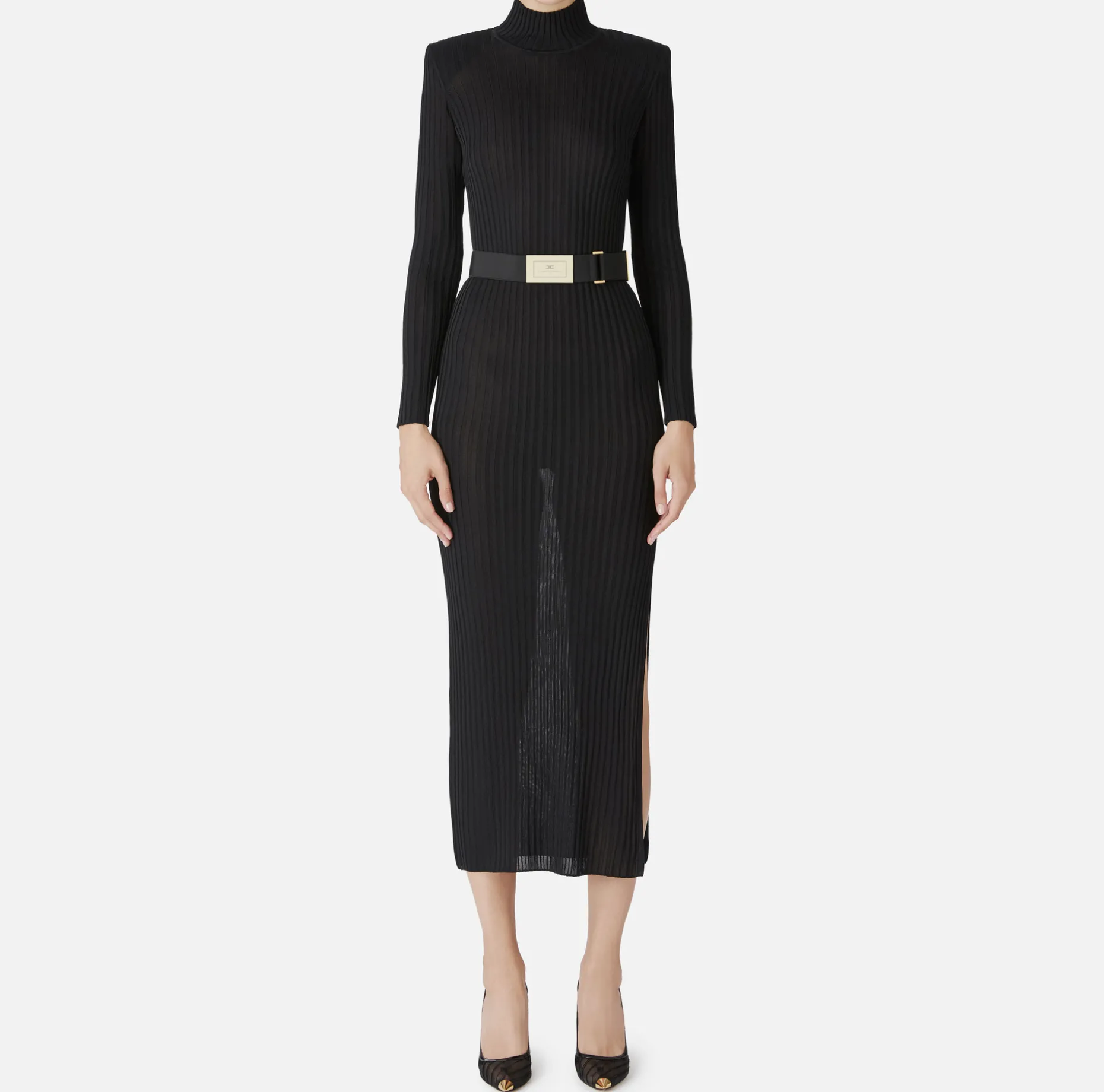 Elisabetta Franchi Knitted Dresses | Dresses | Turtleneck dress in ribbed shiny viscose fabric with belt