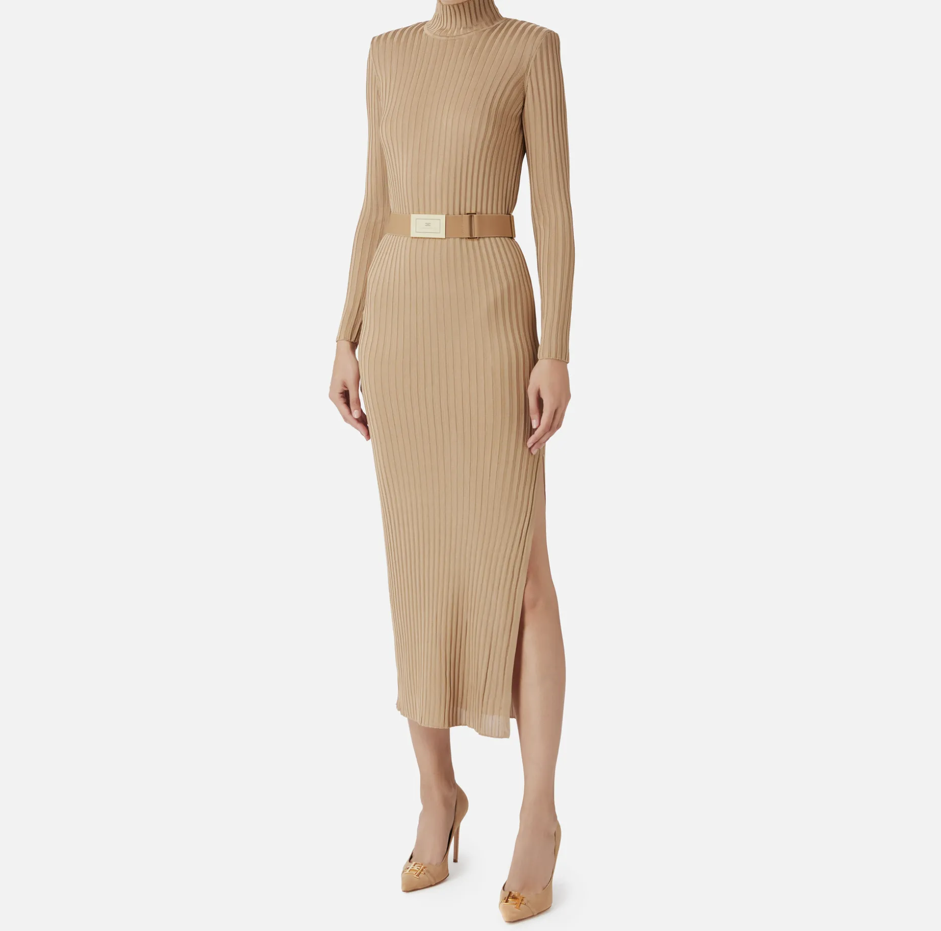 Elisabetta Franchi Knitted Dresses | Dresses | Turtleneck dress in ribbed shiny viscose fabric with belt