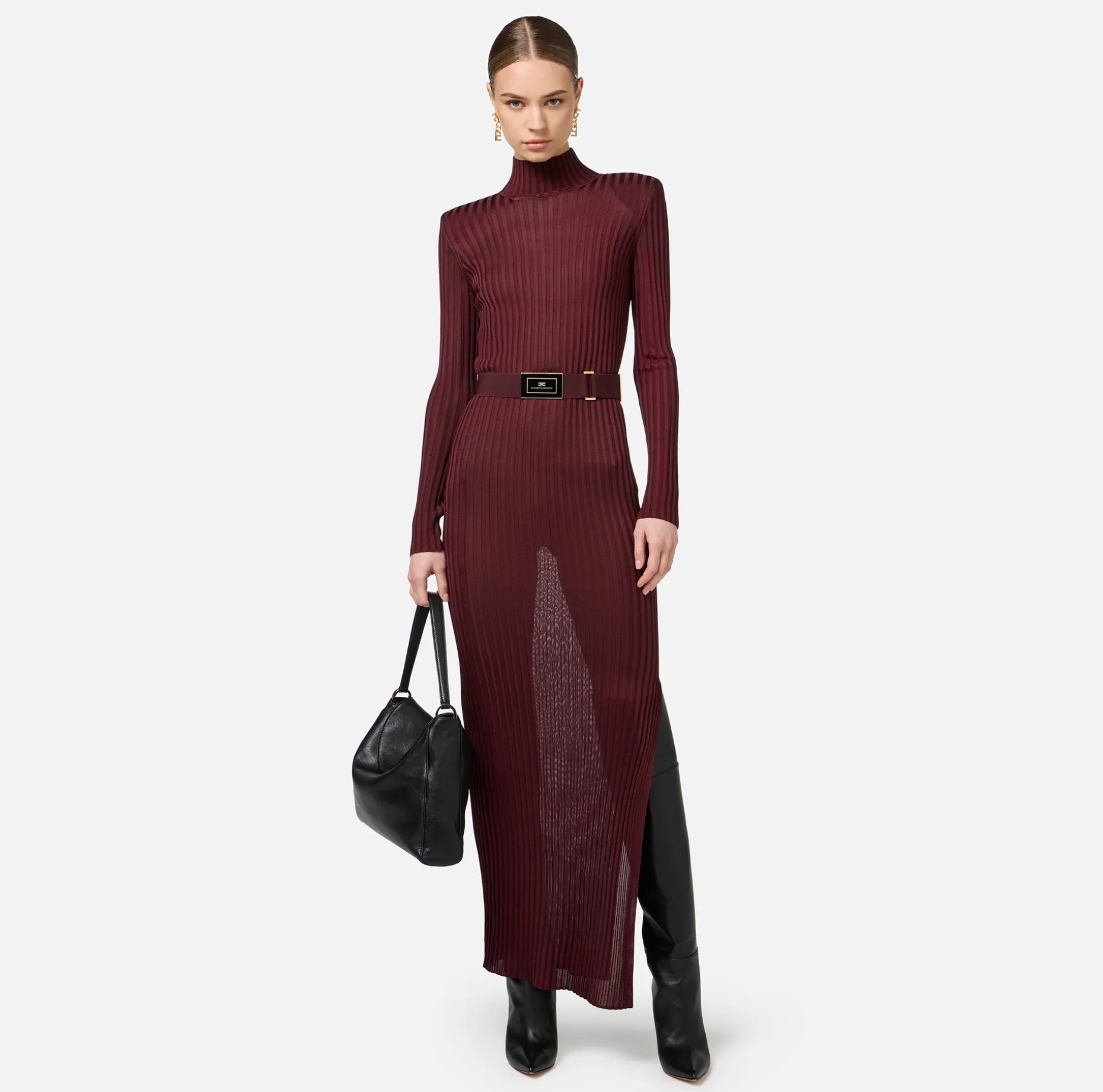 Elisabetta Franchi Knitted Dresses | Dresses | Turtleneck dress in ribbed shiny viscose fabric with belt