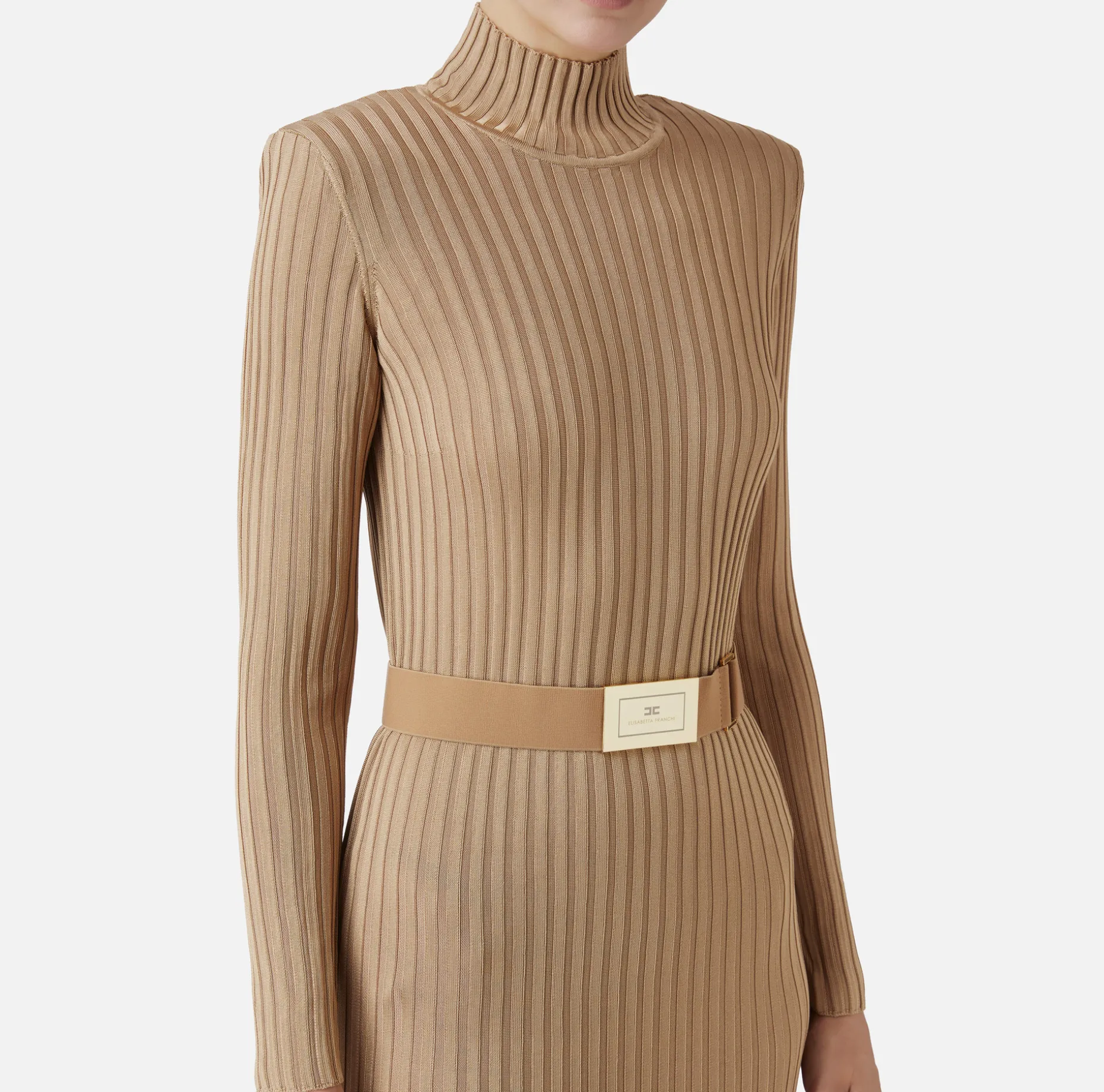 Elisabetta Franchi Knitted Dresses | Dresses | Turtleneck dress in ribbed shiny viscose fabric with belt