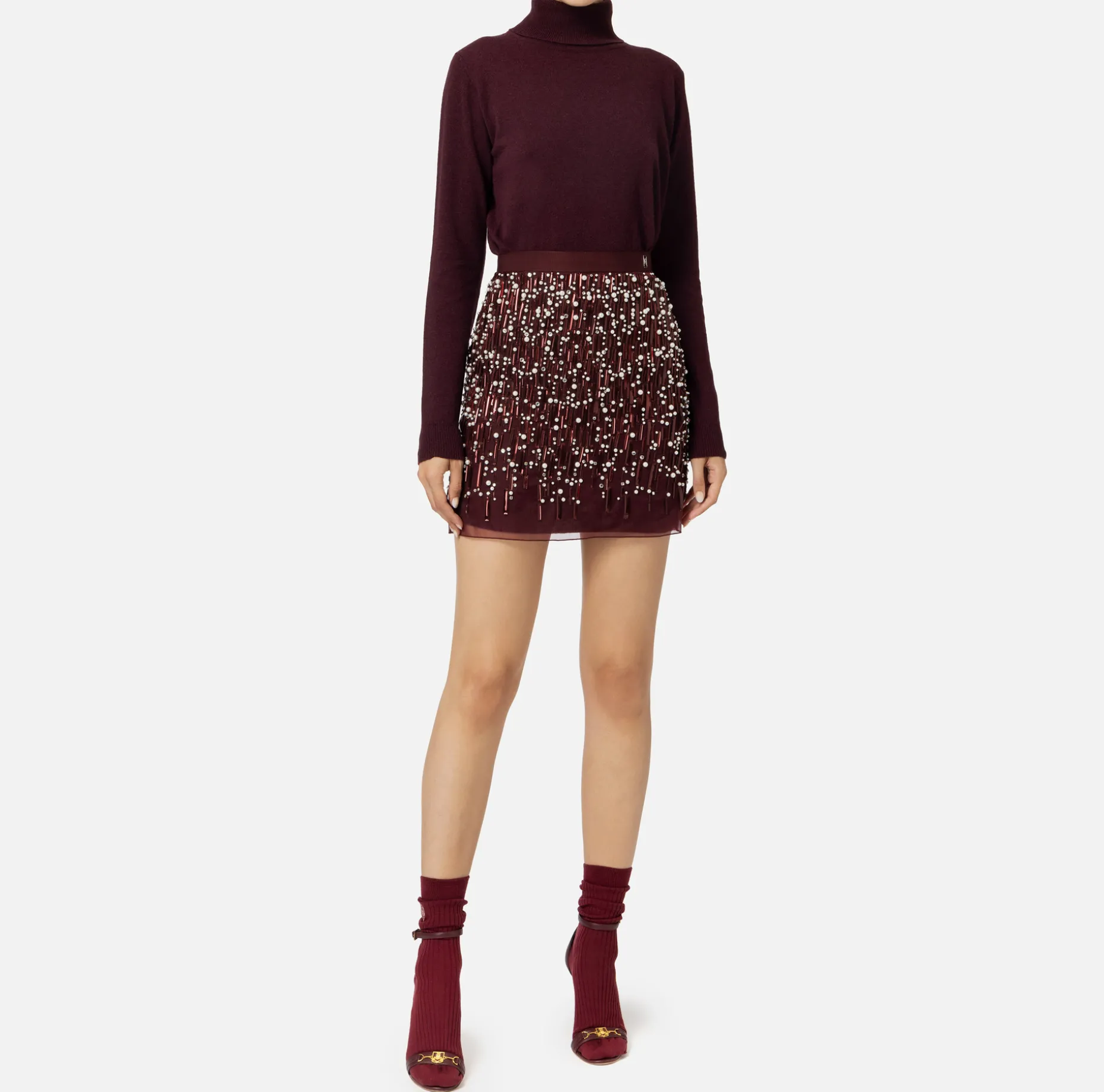 Elisabetta Franchi Mini Dresses | Knitted Dresses | Turtleneck wool dress with embroidered skirt