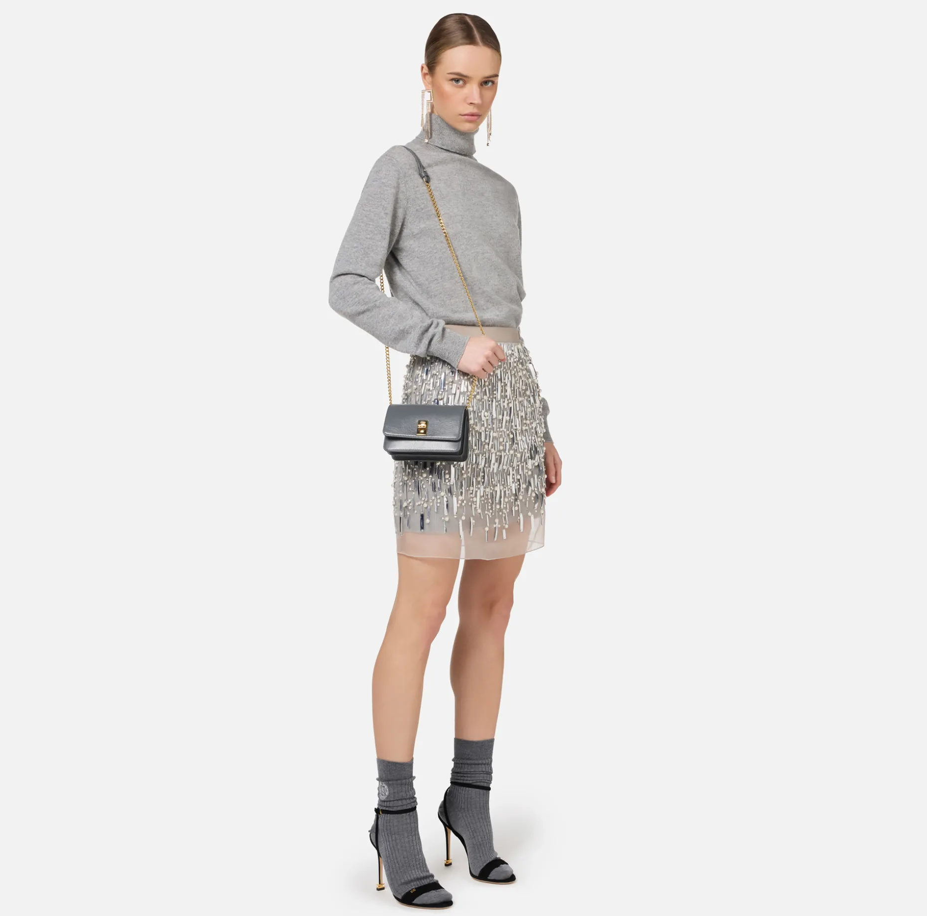 Elisabetta Franchi Mini Dresses | Knitted Dresses | Turtleneck wool dress with embroidered skirt