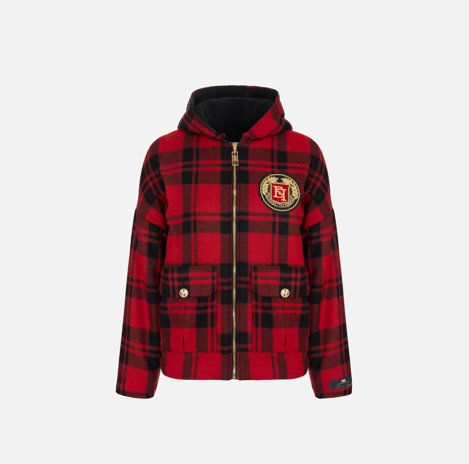 Elisabetta Franchi Coats And Jackets | Wool tartan padded jacket with hood and embroidered patch