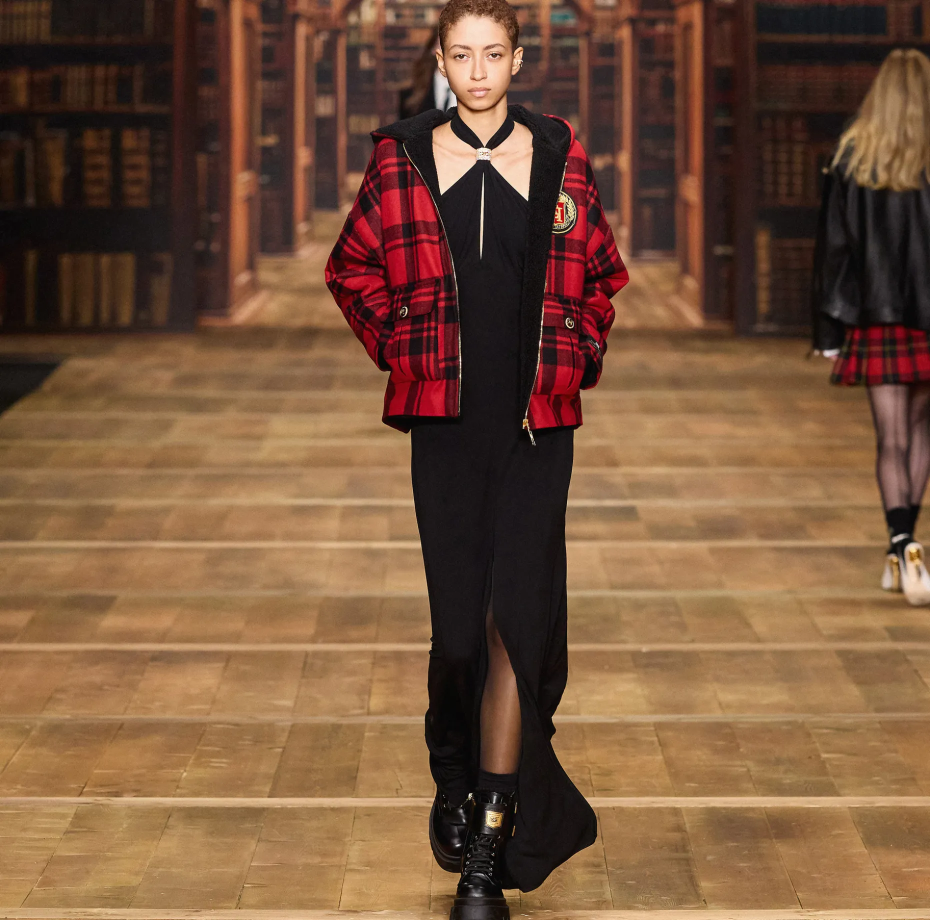 Elisabetta Franchi Coats And Jackets | Wool tartan padded jacket with hood and embroidered patch