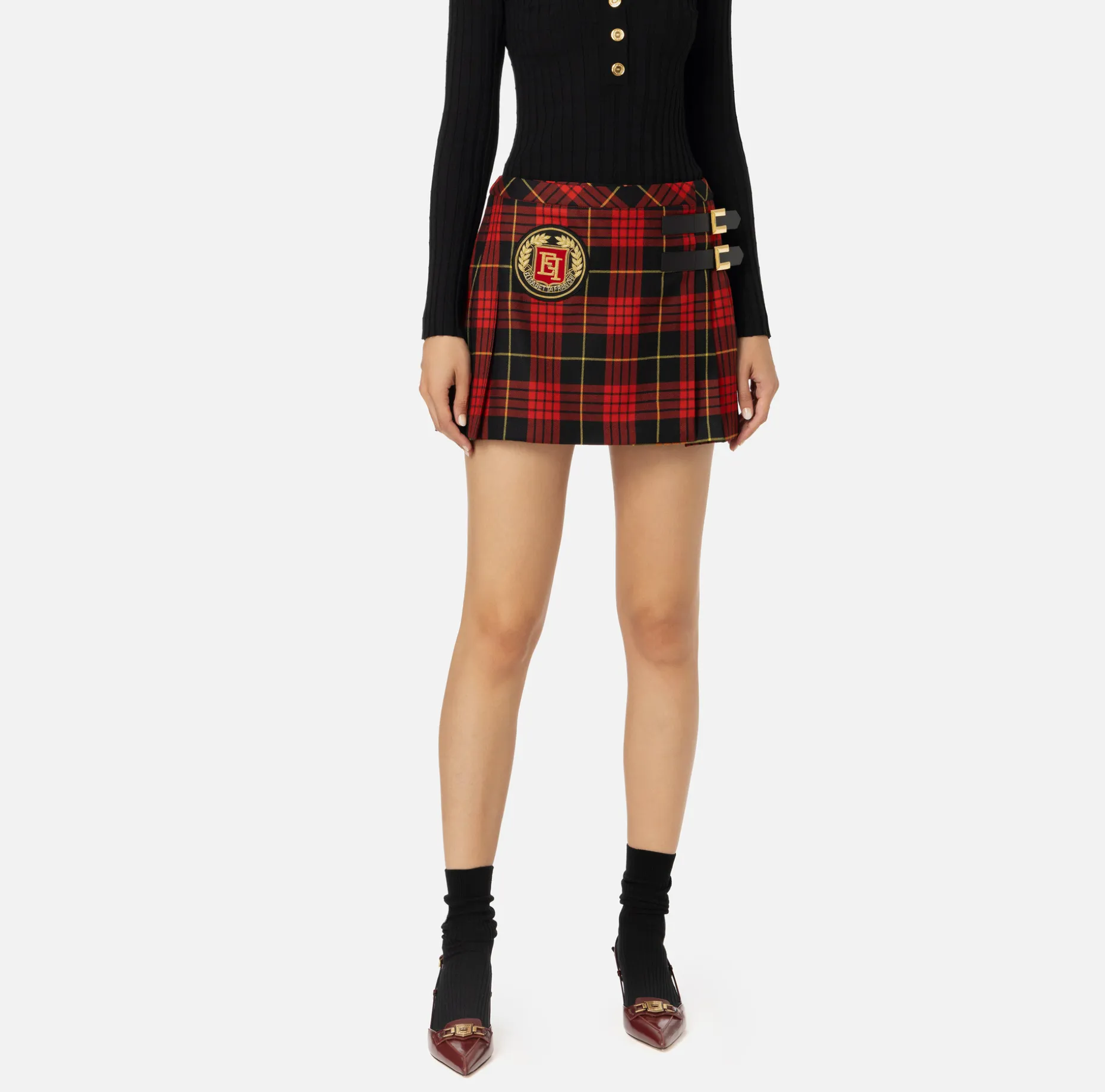 Elisabetta Franchi Skirts | Wool tartan pleated miniskirt with embroidered patch