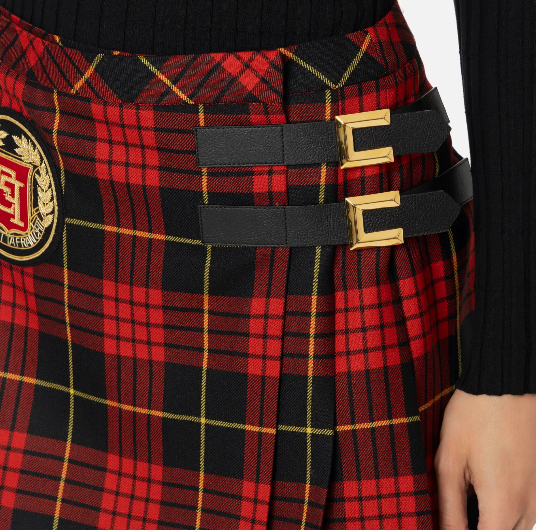 Elisabetta Franchi Skirts | Wool tartan pleated miniskirt with embroidered patch