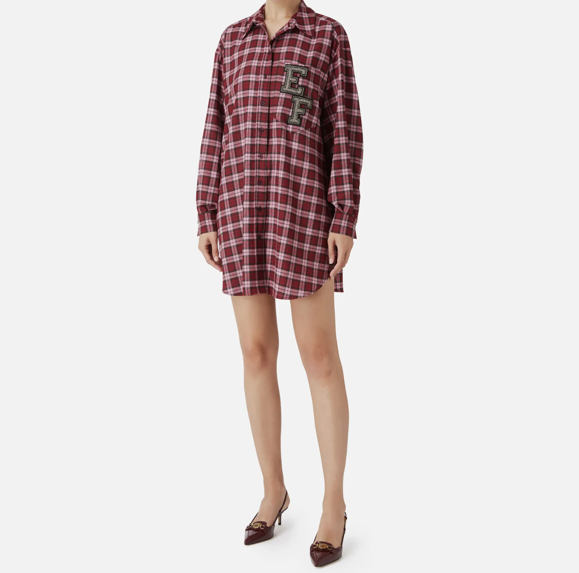 Elisabetta Franchi Mini Dresses | Dresses | Wool tartan shirt dress with embroidered patch